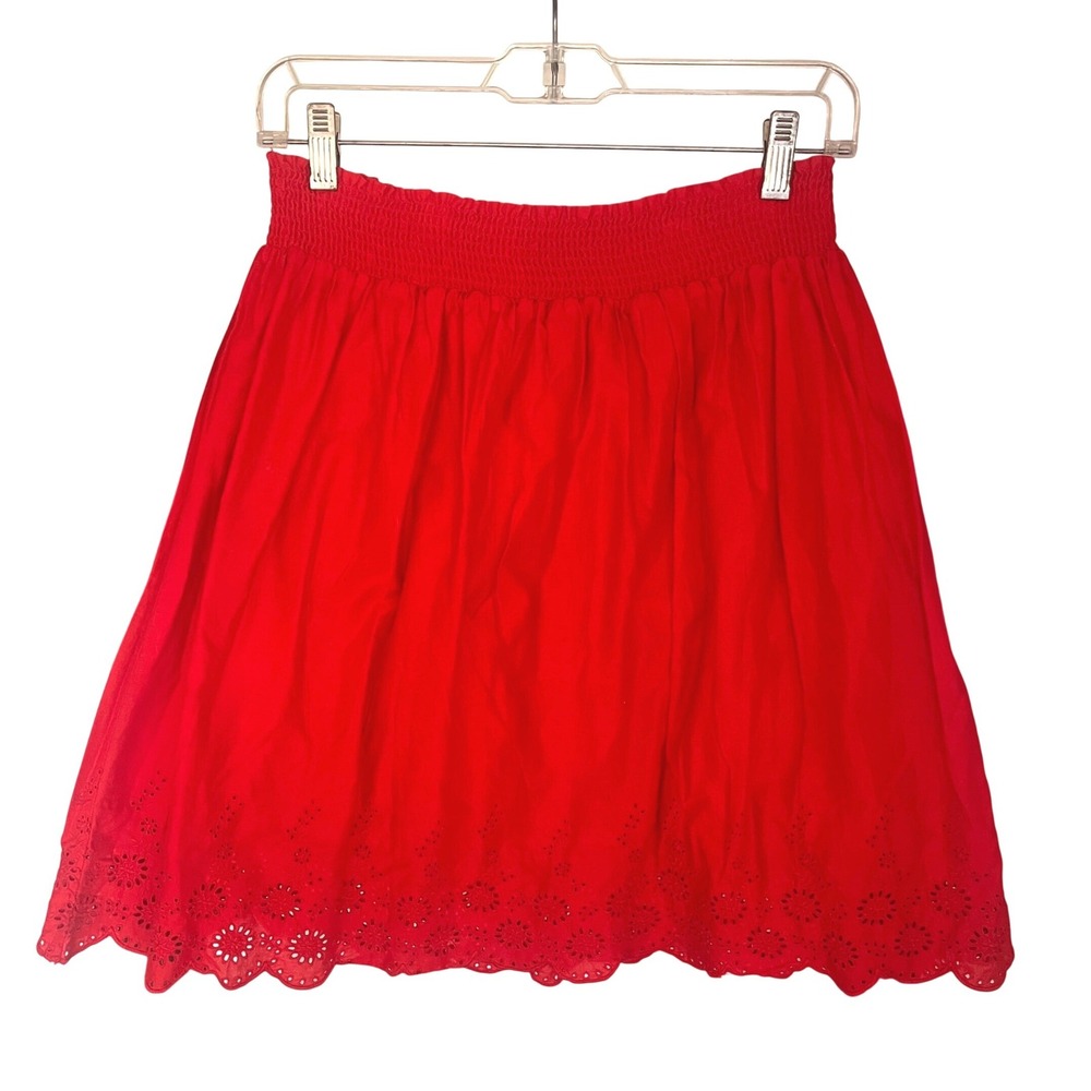 Old Navy Red Eyelet Scalloped Hem‎ Smocked Waist Cotton Skirt Womens XS Cottage